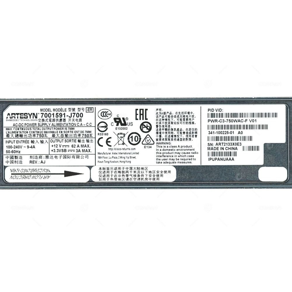 PWR-C3-750WAC-F CISCO POWER SUPPLY 750W FOR CATALYST 3850 REAR TO FRONT AIRFLOW 341-100225-01